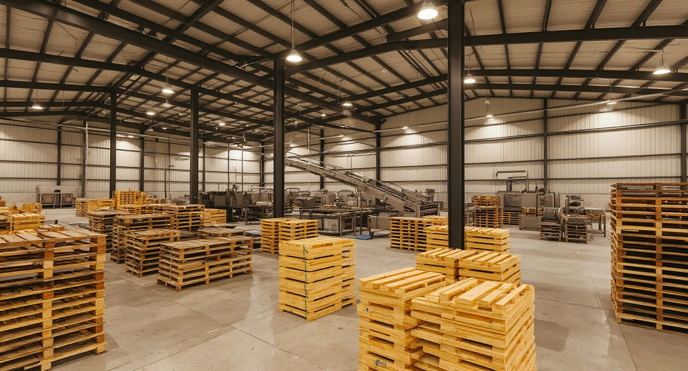 Manufacturing facilities with heavy-duty pallets for production line operations and industrial material transport#1.9