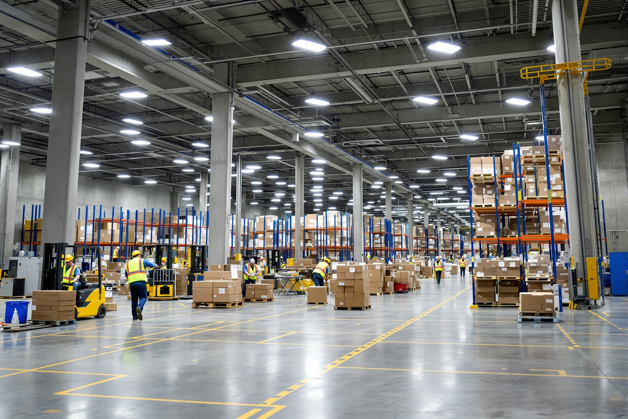 Manufacturing warehouse with workers handling pallets in industrial setting#1.6