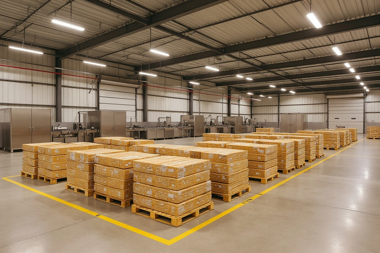 Food and beverage manufacturing facility with pallets for storage and distribution#1.6