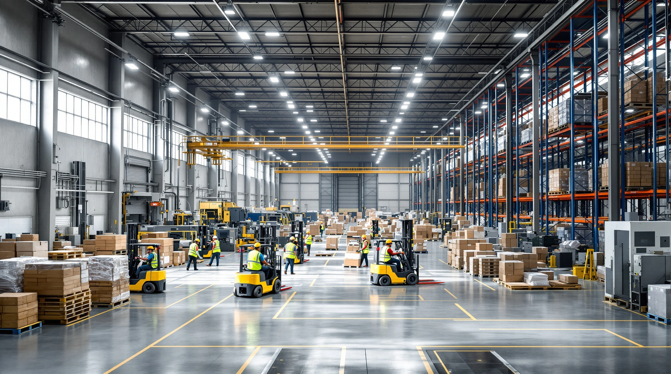 Manufacturing facility with workers handling pallets and heavy machinery#1.9