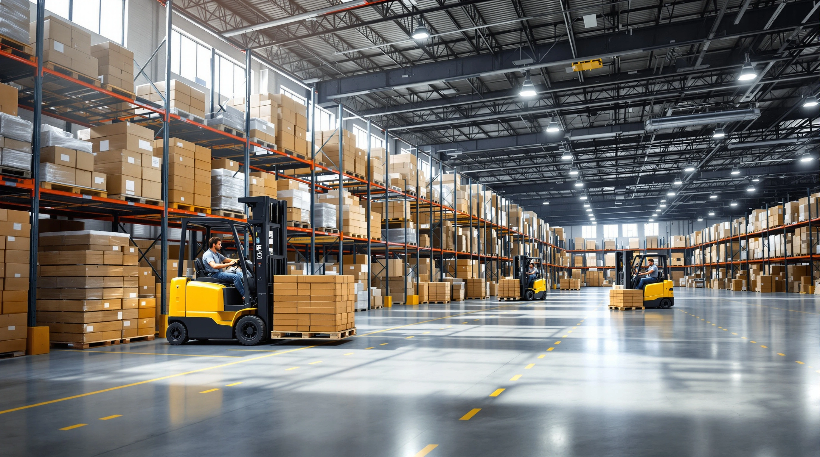 Logistics warehouse with forklifts moving pallets in distribution center#1.9