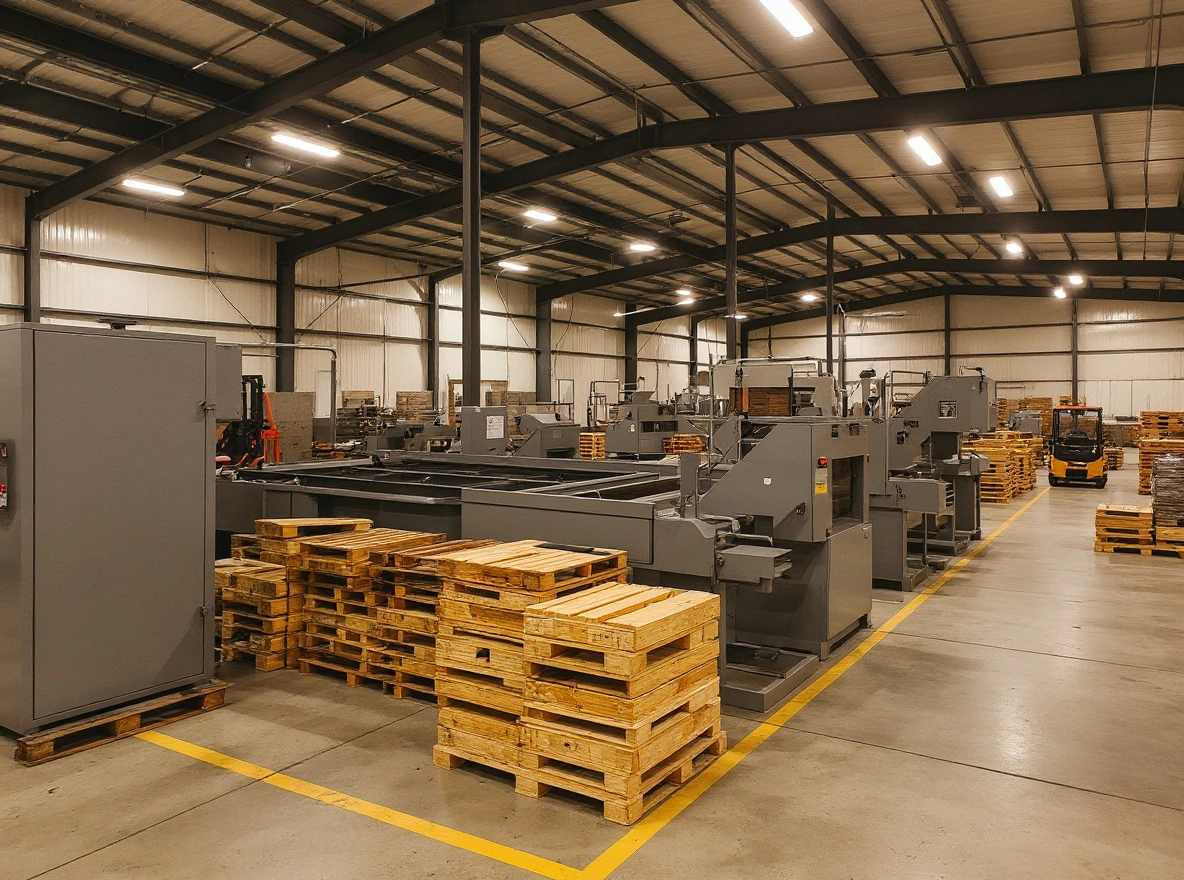 Manufacturing facility with heavy-duty pallets supporting production equipment and material handling#1.3