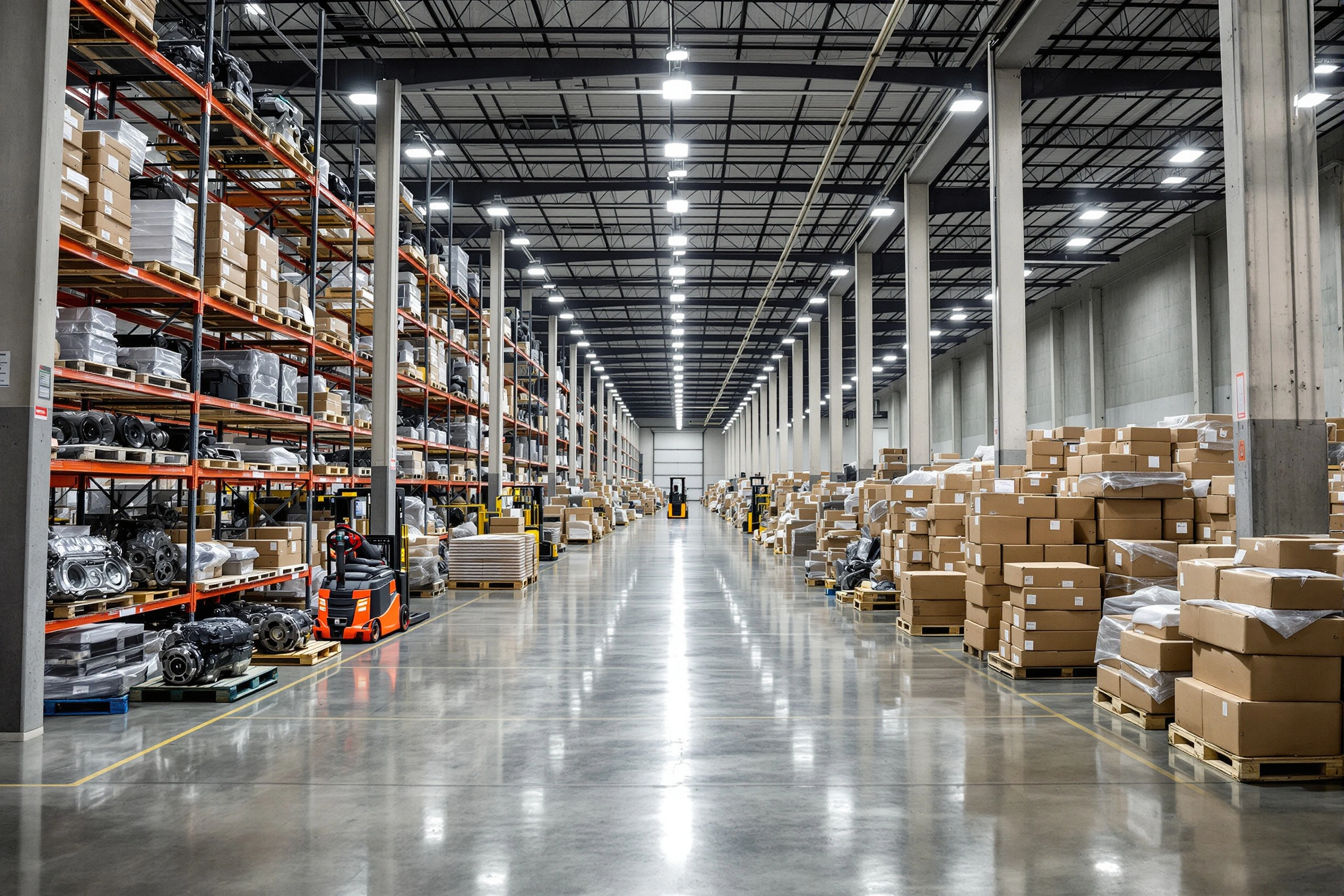 Automotive industry warehouse with pallets storing automotive parts and components#1.5