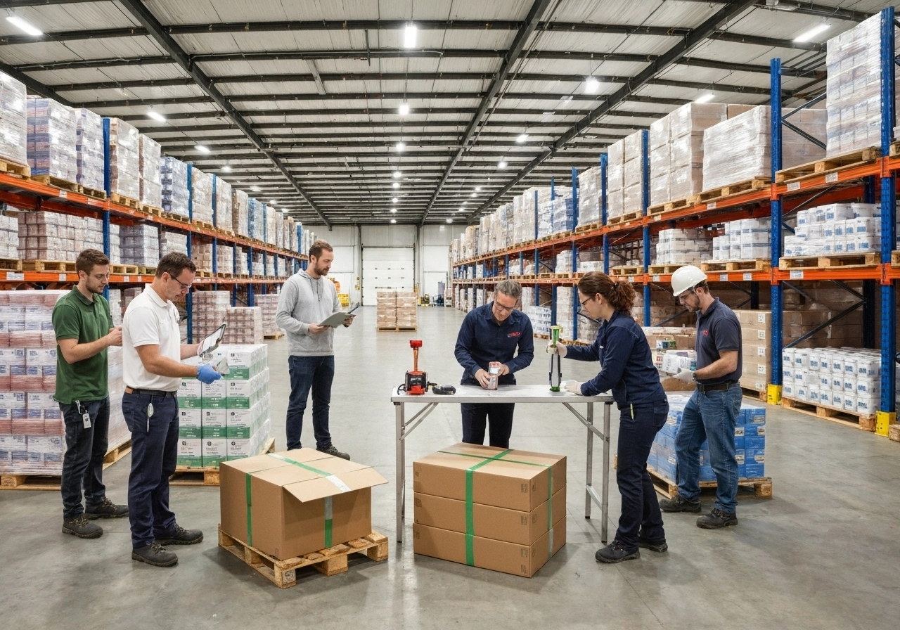 Professional packaging audit team conducting comprehensive on-site assessment of pallet inventory#1.5