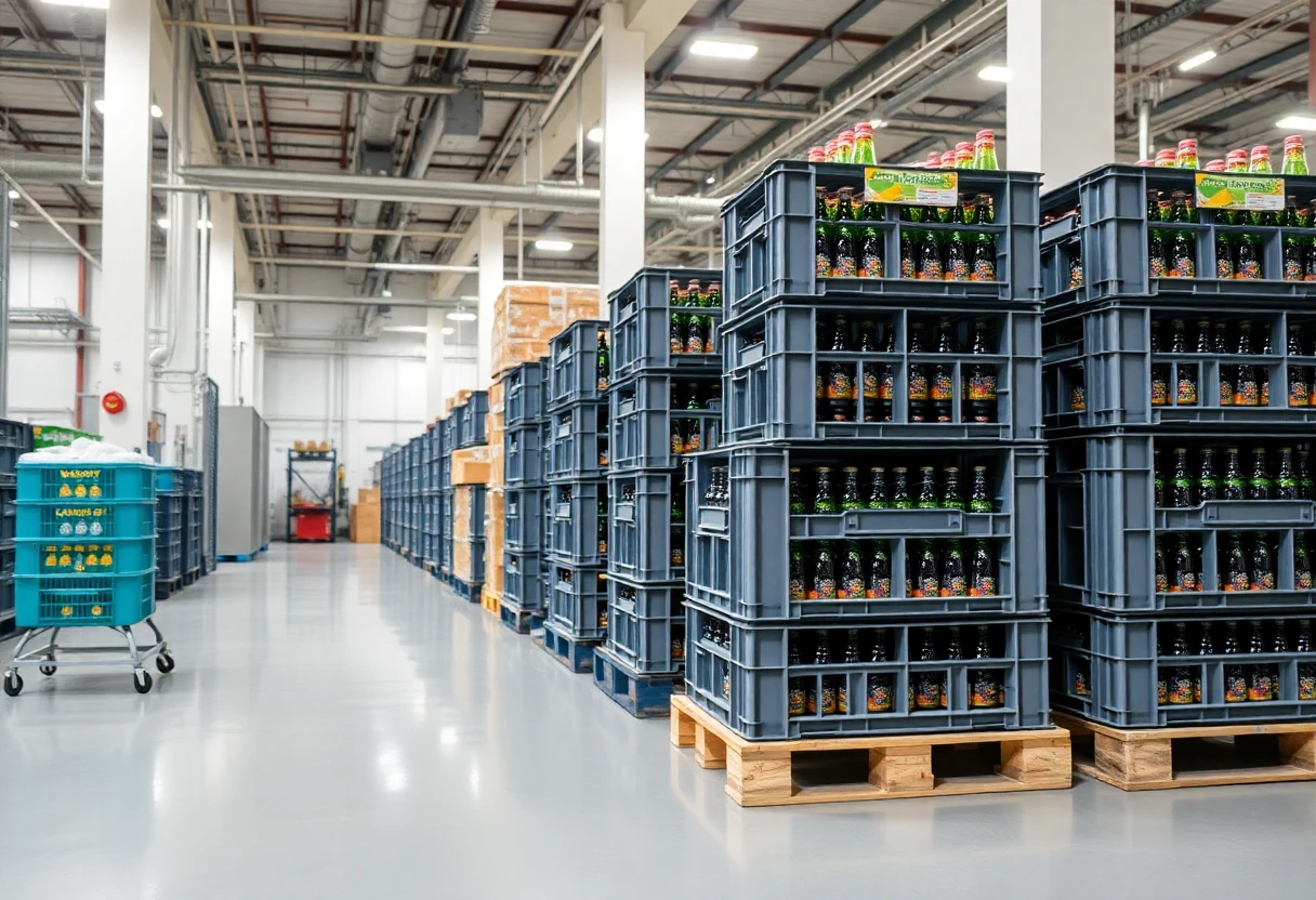 Food and beverage production facility with packaging lines and cold storage using specialized pallets#1.5