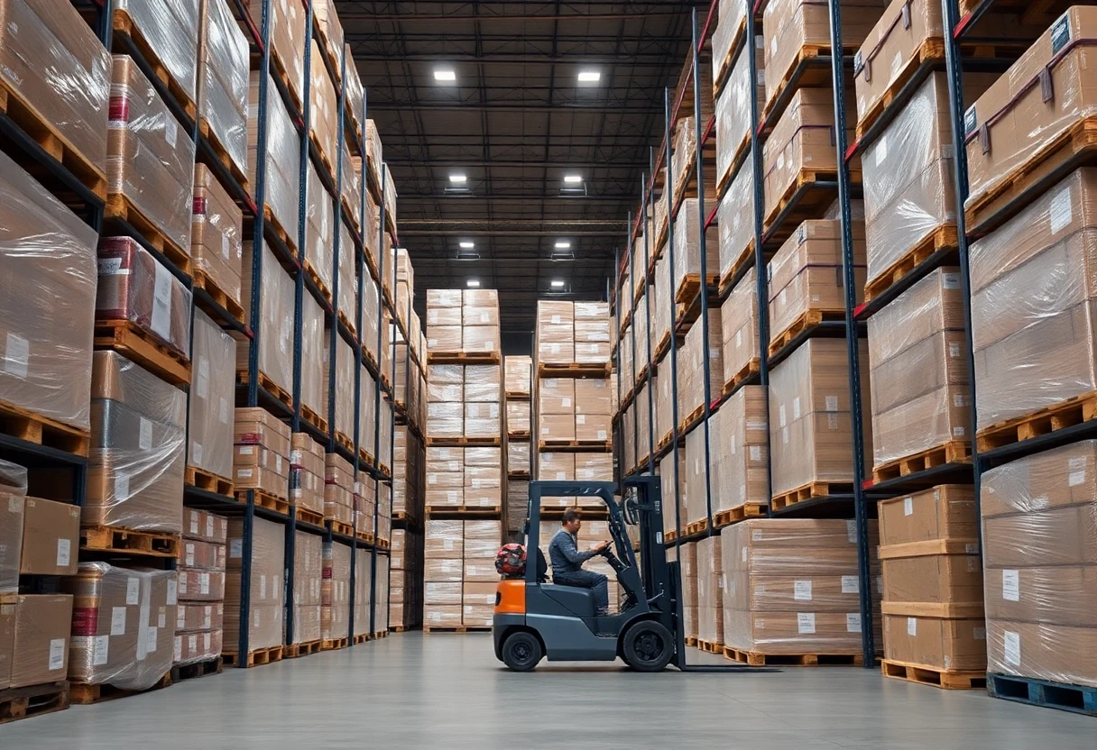 Logistics warehouses with stacked pallets and distribution operations for supply chain management#1.5