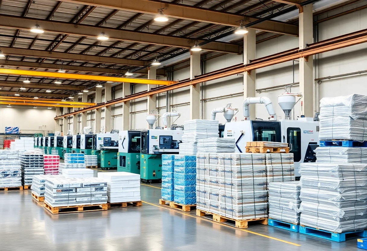 Plastic manufacturing facility with injection molding machines and packaging materials using industrial pallets#1.5