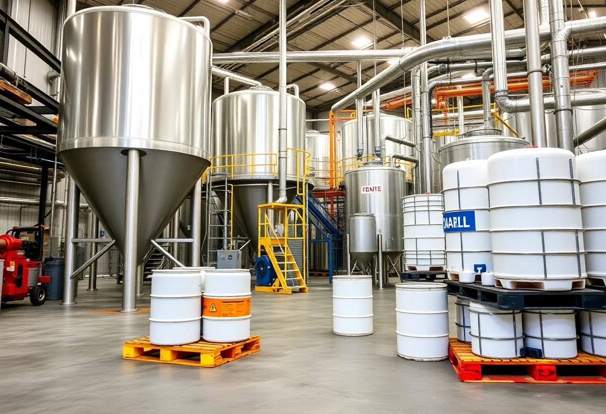 Chemical processing plant with storage tanks and industrial material handling using chemical-resistant pallets#1.5
