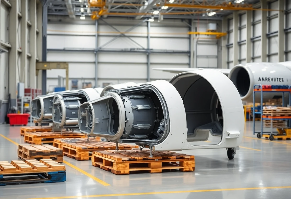 Aerospace manufacturing facility with precision components and aircraft parts using specialized pallets#1.5