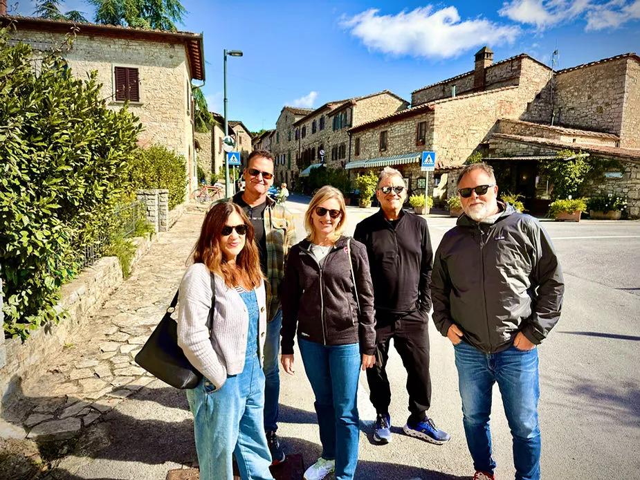 After shooting in France, the team traveled to Tuscany, Italy. Here we are in Lecchi in Chianti. Left to right, Me, Producer Jed Mortenson, inGAMBA marketing guru, Leesa Eichberger, Executive Producer, Jay Crain, and Director, Dean Del Calzo. CREDIT: Brook Aiken