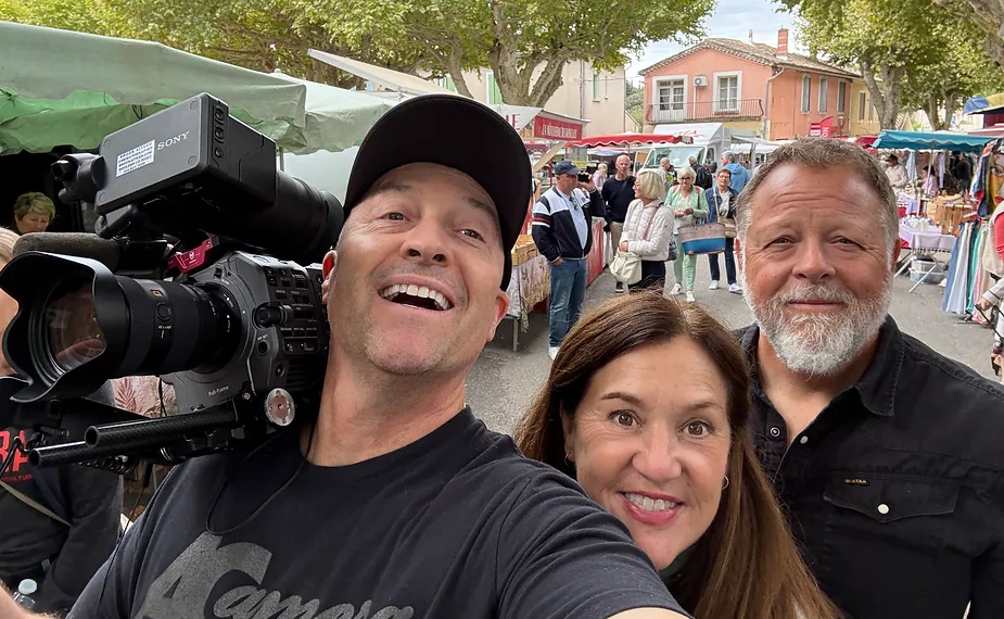 Shooting in Bedoin, France this past September. Left to right: Director of Photography, Brook Aiken, me, and Director, Dean Del Calzo. CREDIT: Brook Aiken