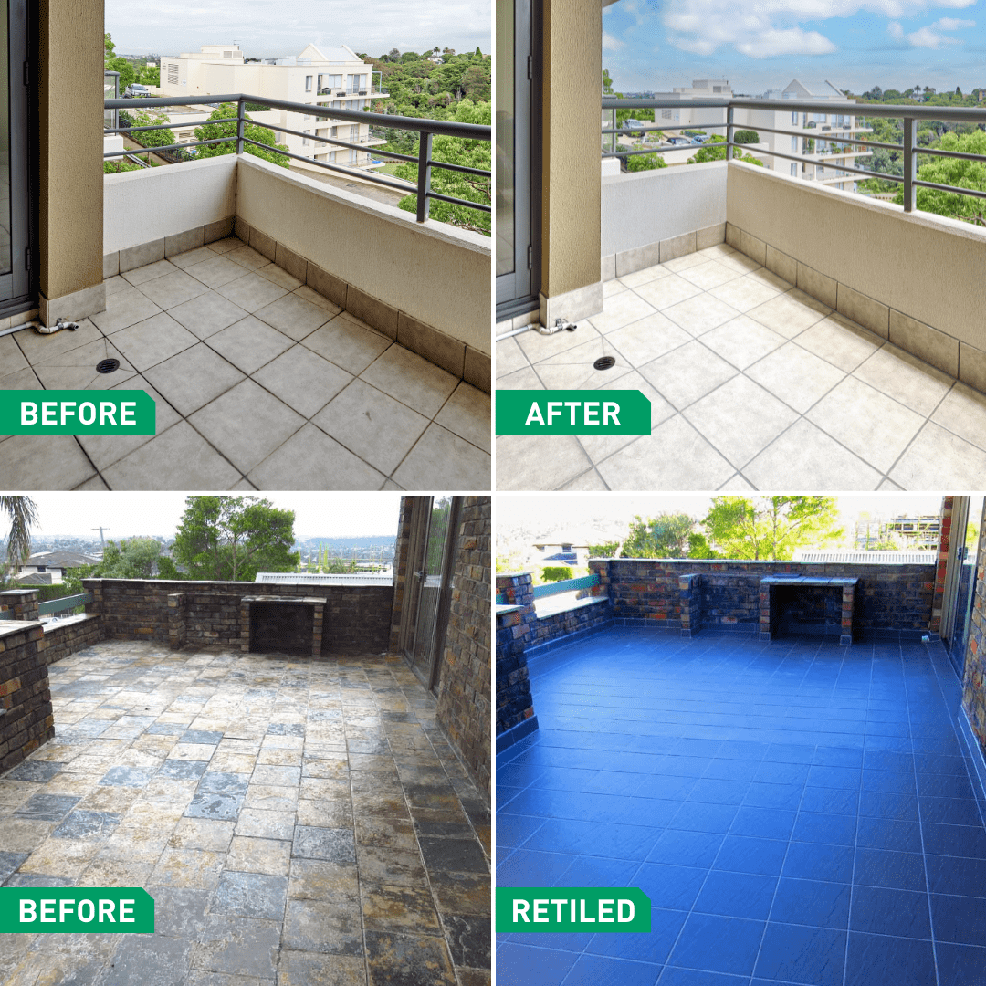 Before-and-after comparison of two balconies showing floor transformations: upper balcony with dirty tiles cleaned and lightened; lower balcony with dark, stained tiles replaced by bright blue tiles.