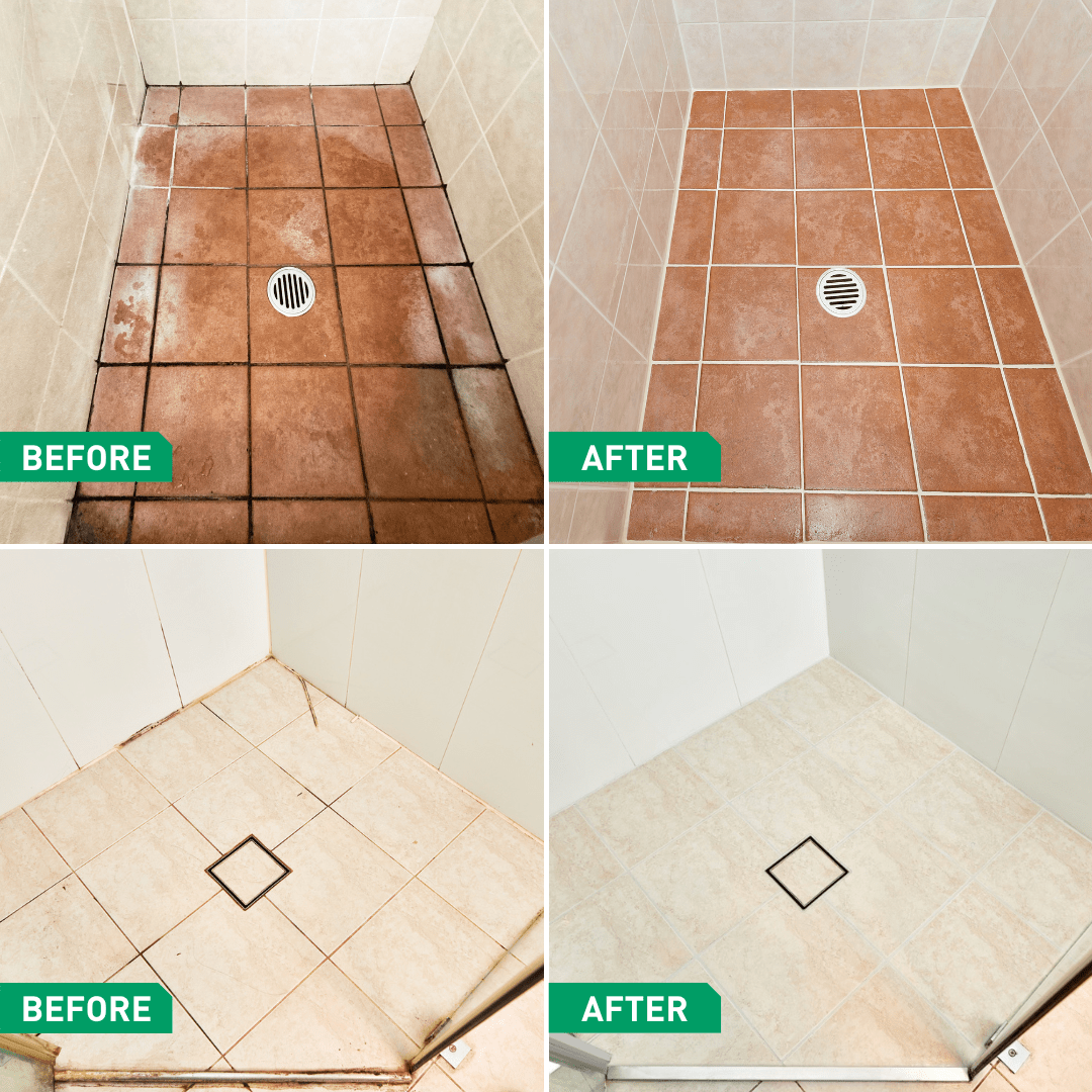 Before and after comparison showing two shower floors: the top left and bottom left images show dirty, stained tiles with grime in grout, while the top right and bottom right images show the same floors clean and restored.