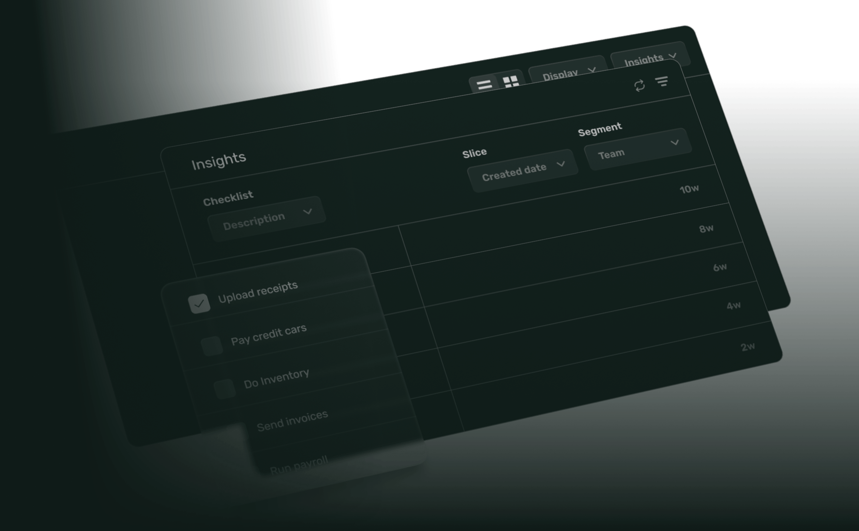 A black screen with a menu of options including Insights, Checklists, and Reports.