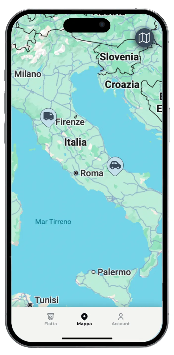 Smartphone screen displaying a map of Italy, showing cities like Milano, Firenze, Roma, Palermo, and neighboring countries Slovenia, Croazia, and Tunisia, with vehicle icons marking locations.