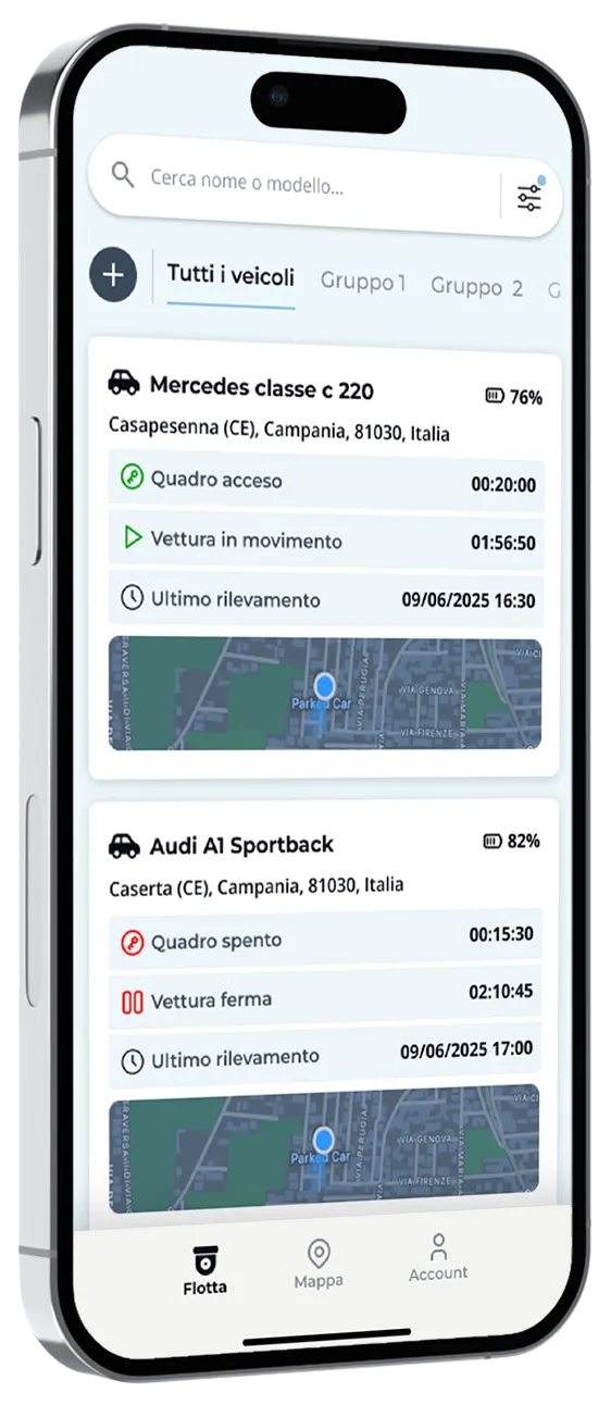 Smartphone screen showing a vehicle tracking app with status details and maps for a Mercedes Classe C 220 and an Audi A1 Sportback in Campania, Italy.