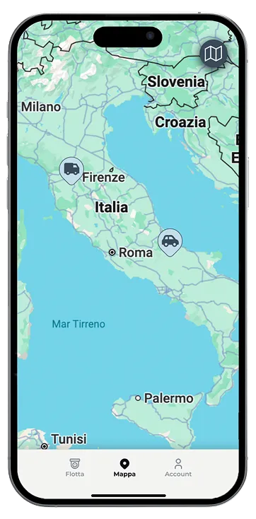 Smartphone screen displaying a map of Italy with marked locations near Firenze and southern Italy, showing nearby countries Slovenia and Croatia.
