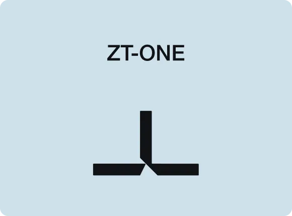 Black abstract geometric shape with three connected thick rectangular lines below the text 'ZT-ONE' on a light blue background.