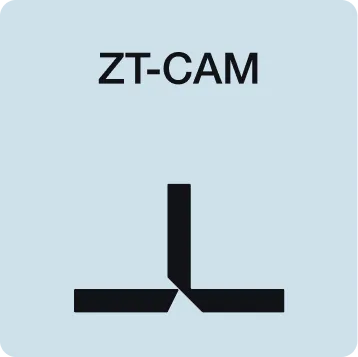 ZT-CAM logo with stylized black geometric shapes forming an abstract letter on a light blue background.