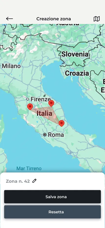 Map of central Italy showing a triangular zone marked with three red pins connecting points near Florence, Rome, and a third location east of Florence.