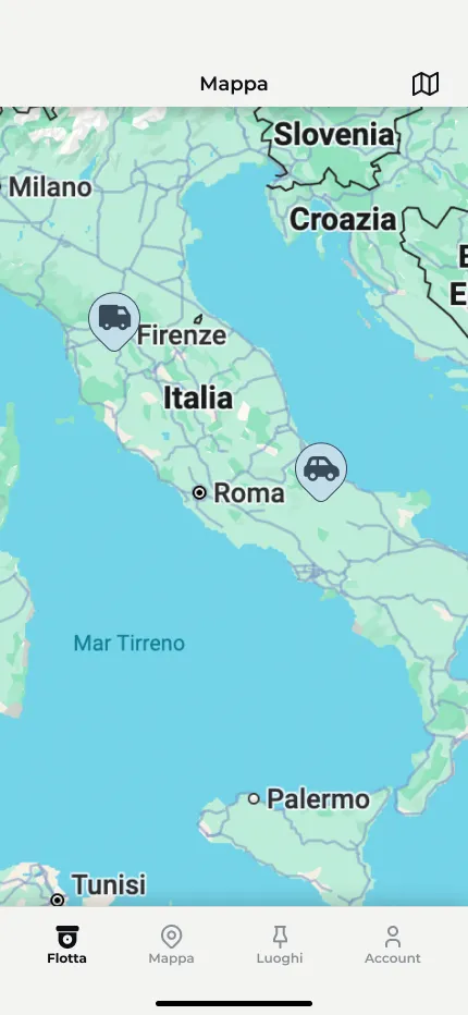 Map of Italy showing major cities including Milano, Firenze, Roma, and Palermo, with icons marking locations near Firenze and southeast Italy.
