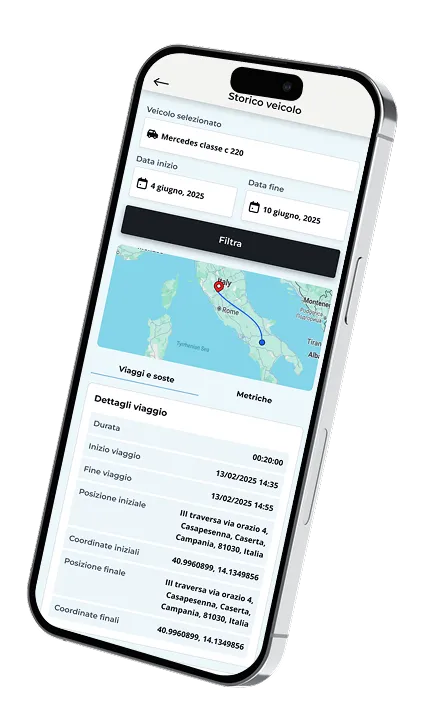 Mobile phone screen showing vehicle history for a Mercedes C 220 with trip details, date filter from June 4 to June 10, 2025, and a map pinpointing a route near Rome, Italy.