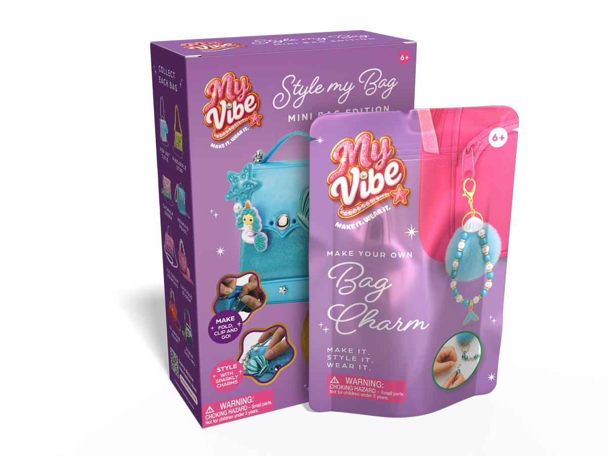 My Vibe Style my Bag Mini Bag Edition purple box with blue glitter bag and a separate pouch featuring a DIY bag charm kit for ages 6 and up.