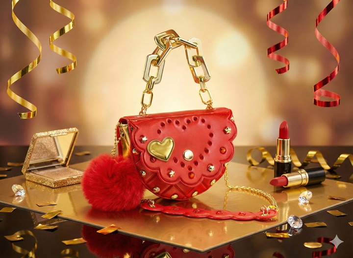 Red handbag with gold heart charm, gold chain handle, and red pom-pom, surrounded by red lipstick, gold eyeshadow compact, diamonds, and streamers.