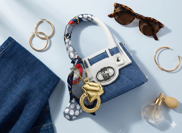 Blue denim handbag with white and silver clasp, decorated with a patterned scarf and gold charms, surrounded by gold hoop earrings, a bangle, sunglasses, and a perfume bottle on a light blue background.