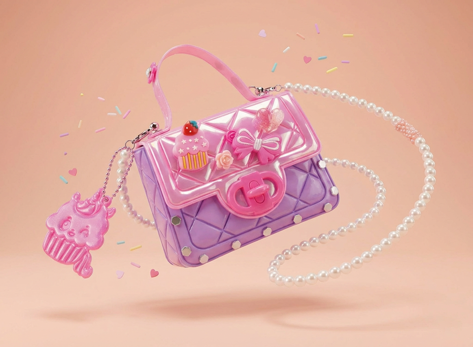 Small purple and pink handbag with quilted texture, decorated with a cupcake charm, bow, heart, rose, and a pearl strap.