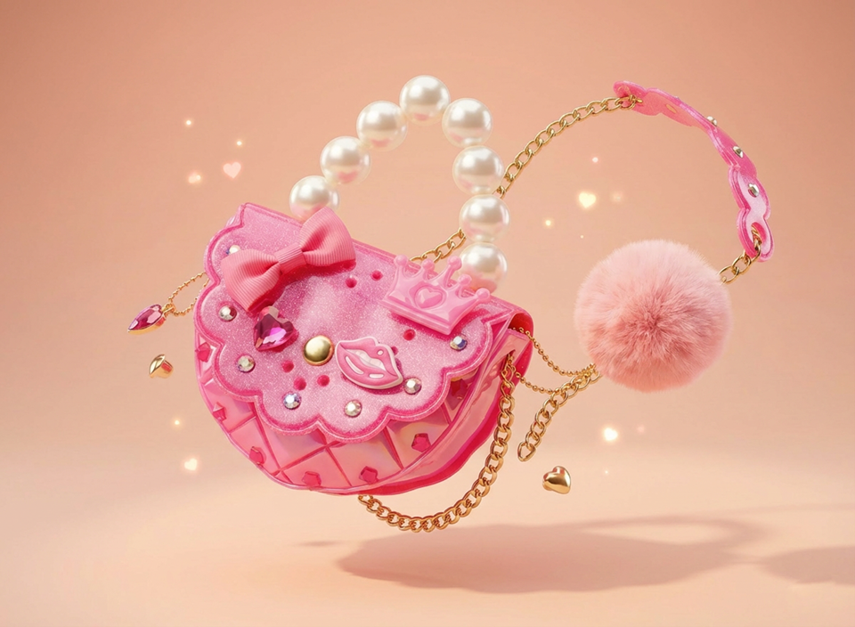 Pink decorative handbag with pearl handle, a bow, heart charms, a crown, and a fluffy pom-pom on a gold chain.