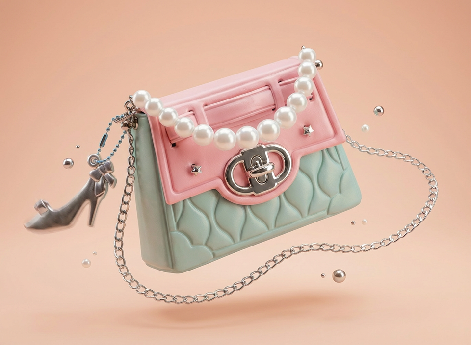 Iridescent small handbag with blue leopard spots, decorated with a blue pompom, smiley patch, ice cream pin, heart charm, and pastel chain strap on a pink background.