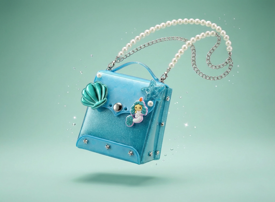 Small blue mermaid-themed handbag adorned with a shell, mermaid figure, and starfish charms, with a pearl and chain strap, on a teal background.