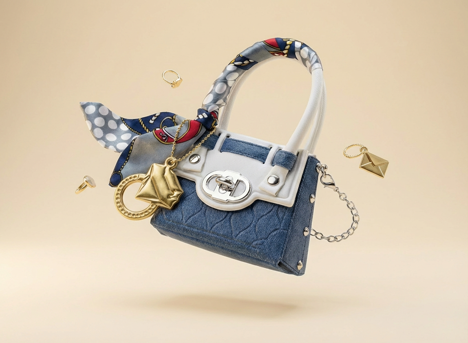 Blue and white denim handbag with a patterned scarf wrapped around the handle, gold charm and keychain, floating on a beige background.