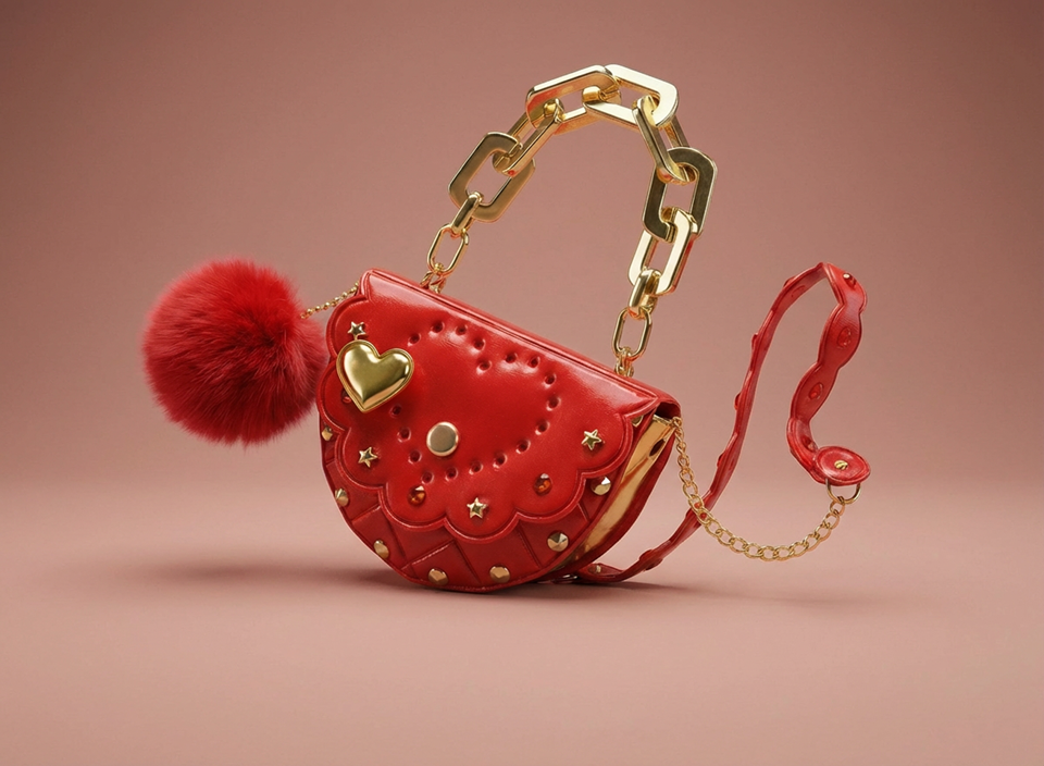 Red leather handbag with scalloped edges, gold studs, a gold heart charm, a fluffy red pom-pom, and a chunky gold chain handle.