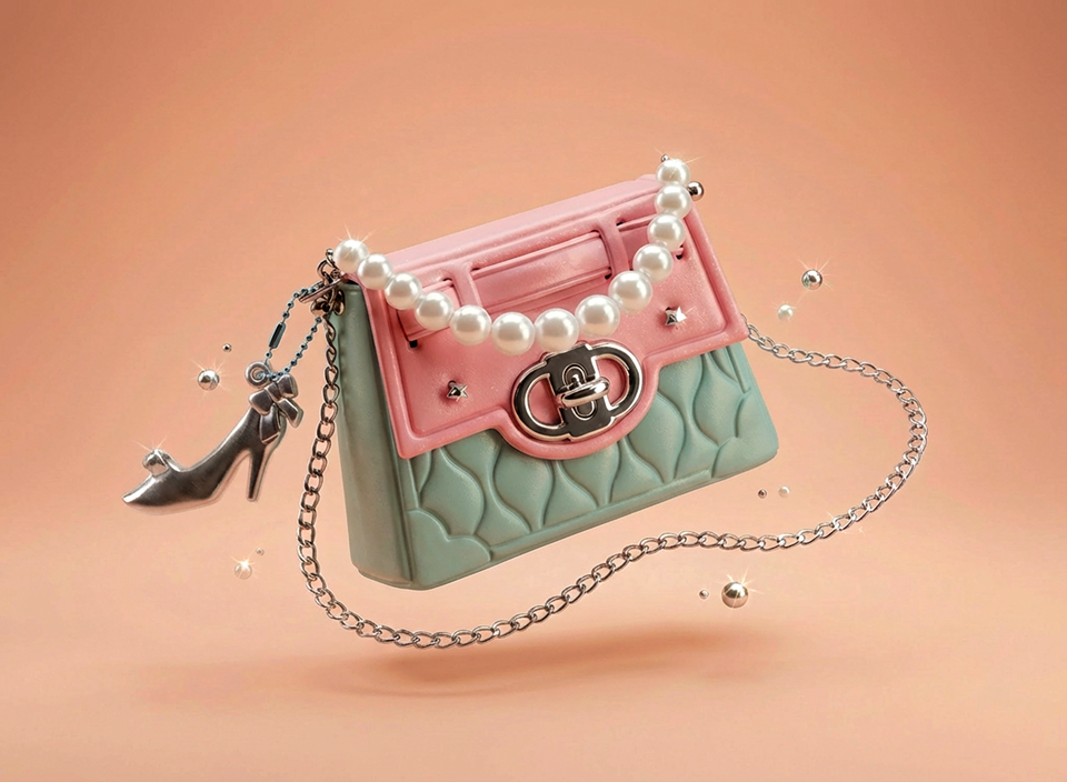 Red leather handbag with scalloped edge, gold heart charm, studs, a red fluffy pom-pom, and a chunky gold chain handle.