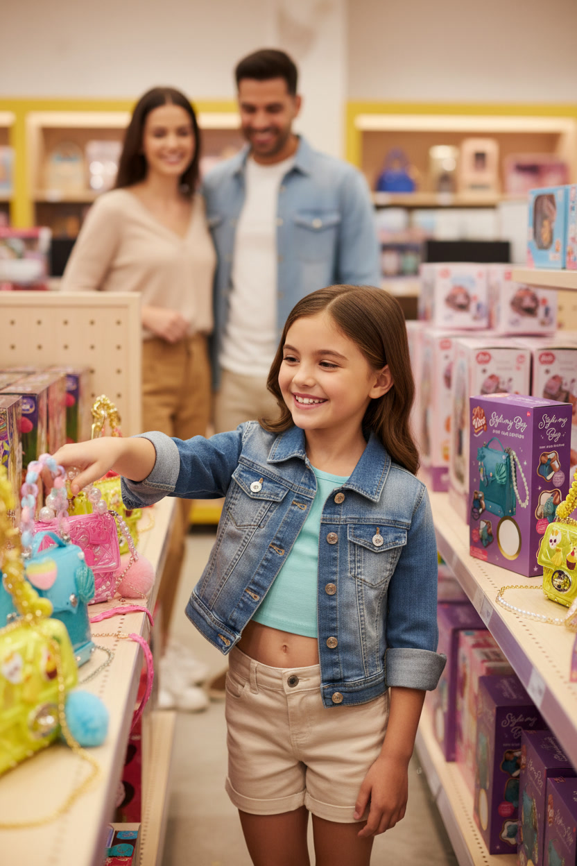 Smiling young girl in denim jacket and shorts shopping for colorful handbags in a store aisle with her parents in the background.