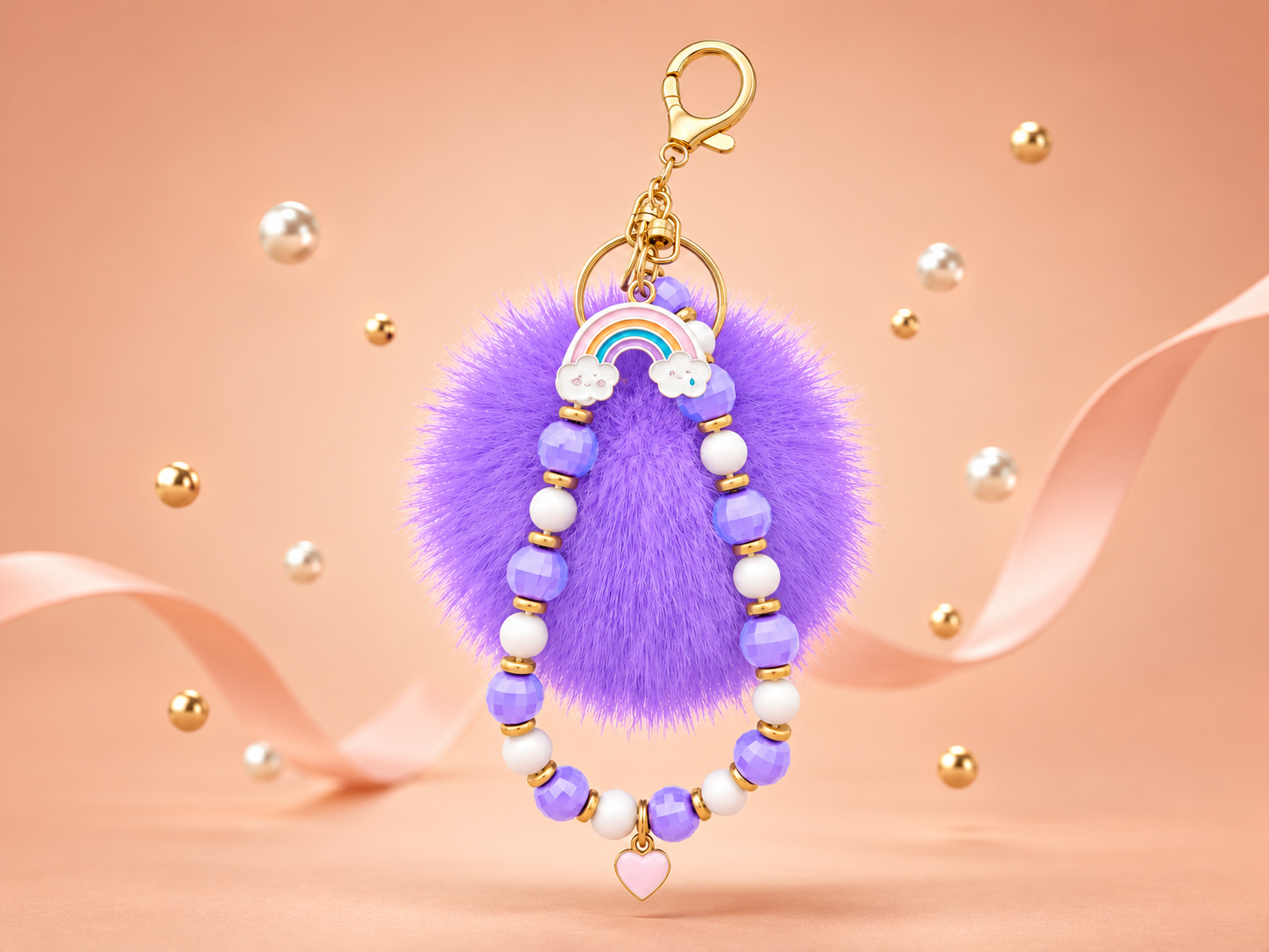 Iridescent small handbag with blue leopard spots, decorated with a blue pompom, smiley patch, ice cream pin, heart charm, and pastel chain strap on a pink background.