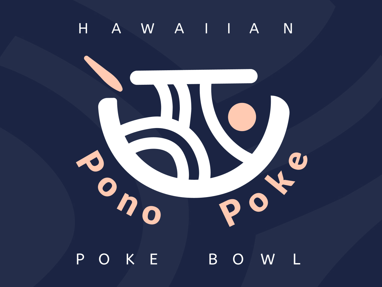 Logo abstrait avec texte « Hawaiian Pono Poke Poke Bowl » sur fond bleu foncé.