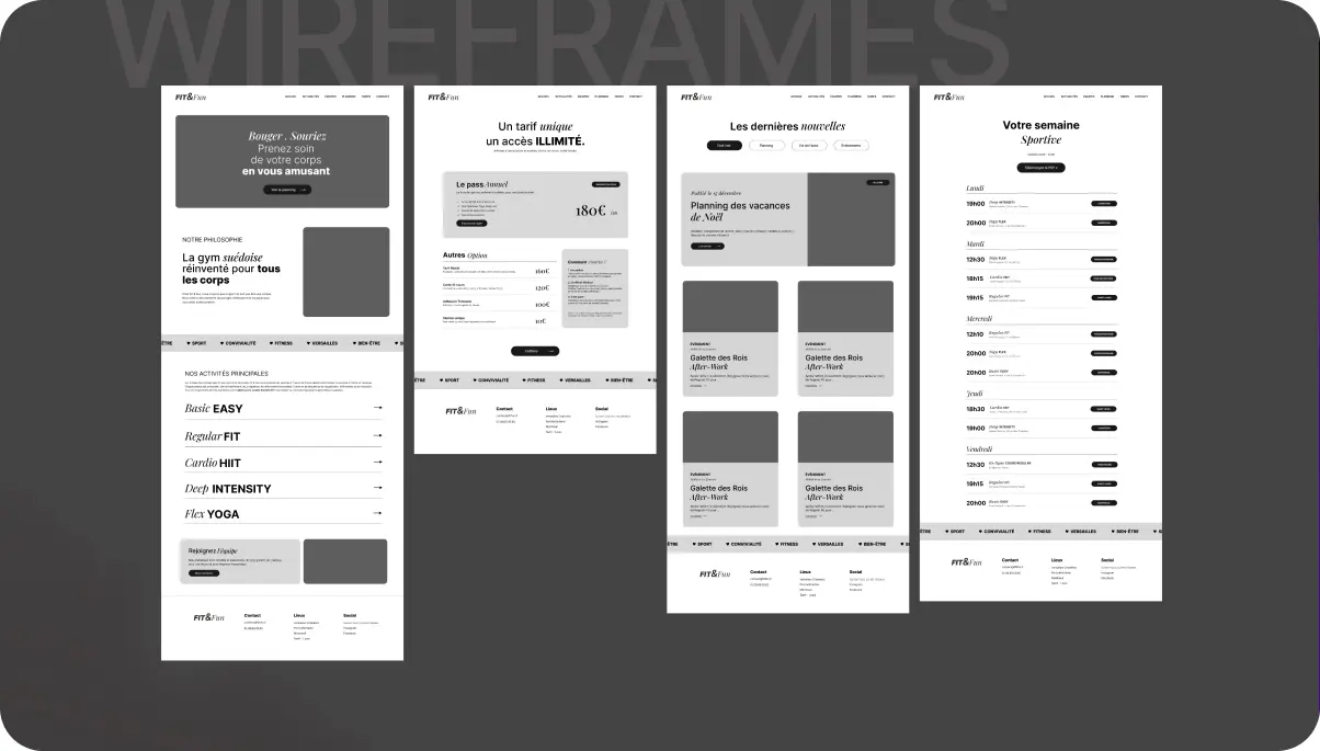 Quatre maquettes de site web pour une salle de sport avec pages sur la philosophie, tarifs, actualités, et planning hebdomadaire sportif.