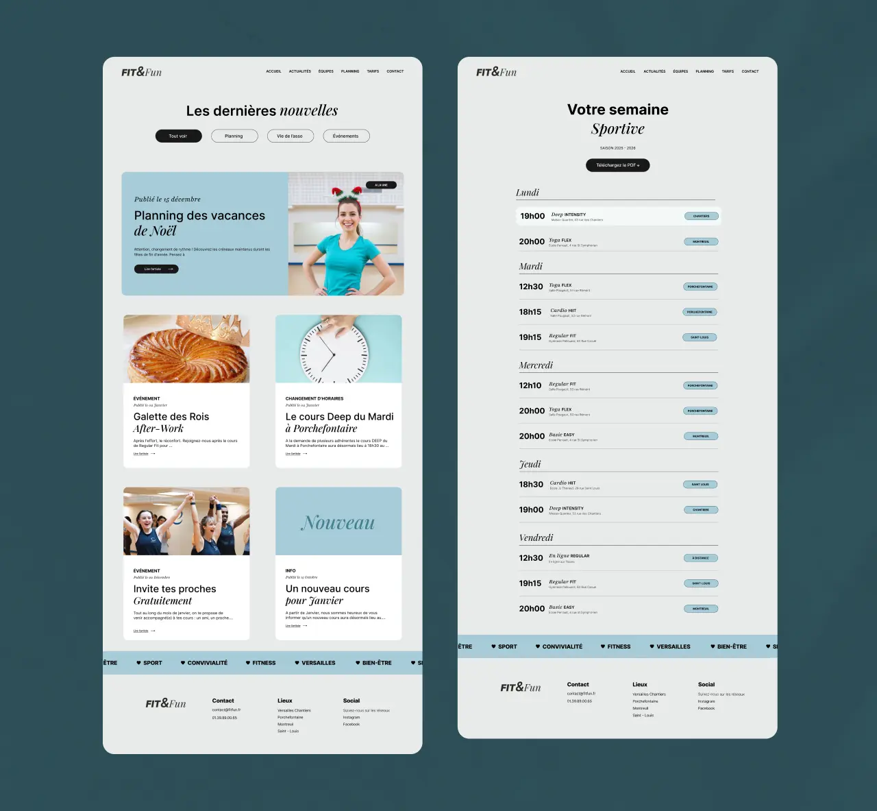 Maquette de site web FIT&Fun avec une page d'actualités incluant planning des vacances de Noël et événements, et une page de planning hebdomadaire sportif détaillant les cours par jour et heure.