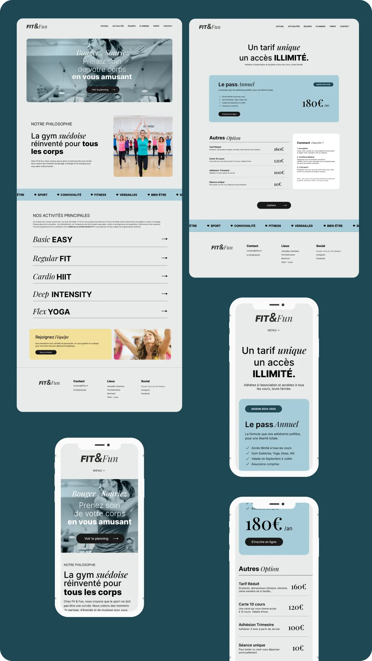Maquettes de site web et mobile pour FIT&Fun, présentant une offre d’abonnement unique illimité, philosophie du fitness suédois, listes d’activités, et détails de tarifs annuels et options.