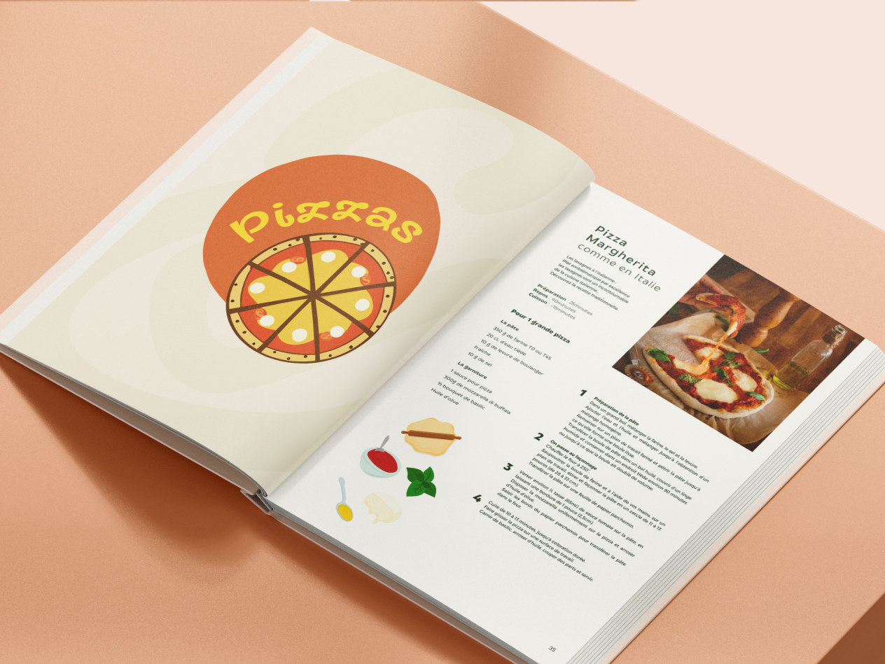 Livre ouvert montrant une recette de pizza Margherita avec instructions, ingrédients et photo d'une pizza fraîche.