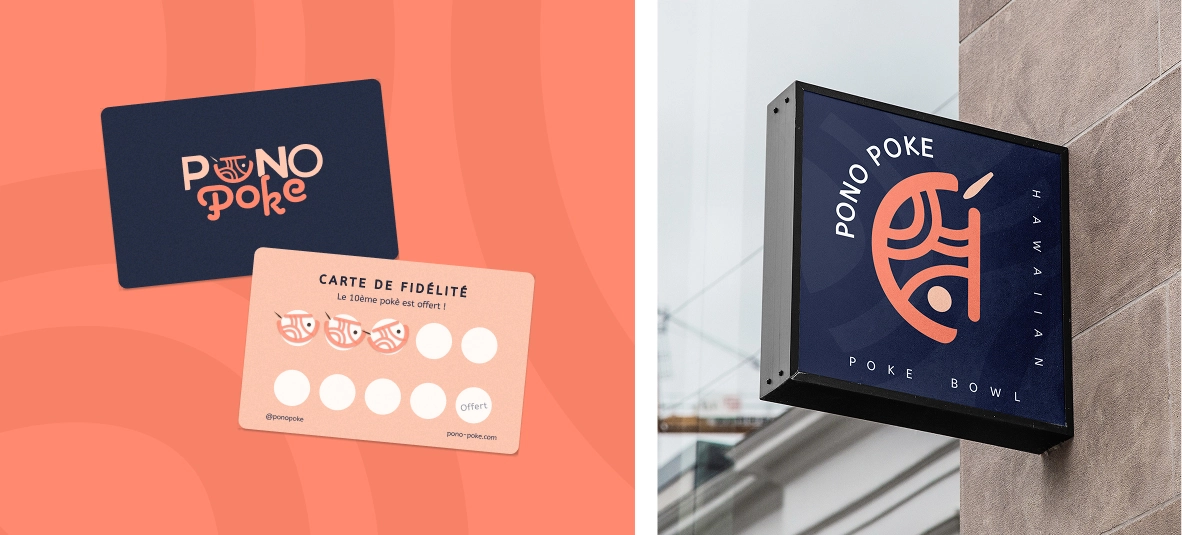 Carte de fidélité avec des tampons et carte Pono Poke sur fond corail à gauche ; enseigne Pono Poke bleu avec logo corail fixé sur un mur à droite.