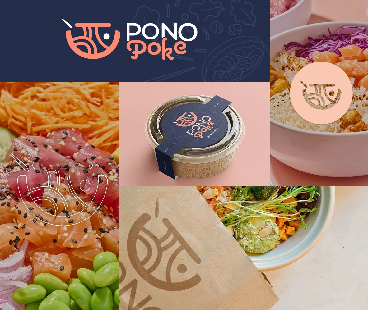 Collage showing Pono Poke logo, a poke bowl with tuna, salmon, edamame, and shredded carrots, packaged poke container, and salad with fresh vegetables.