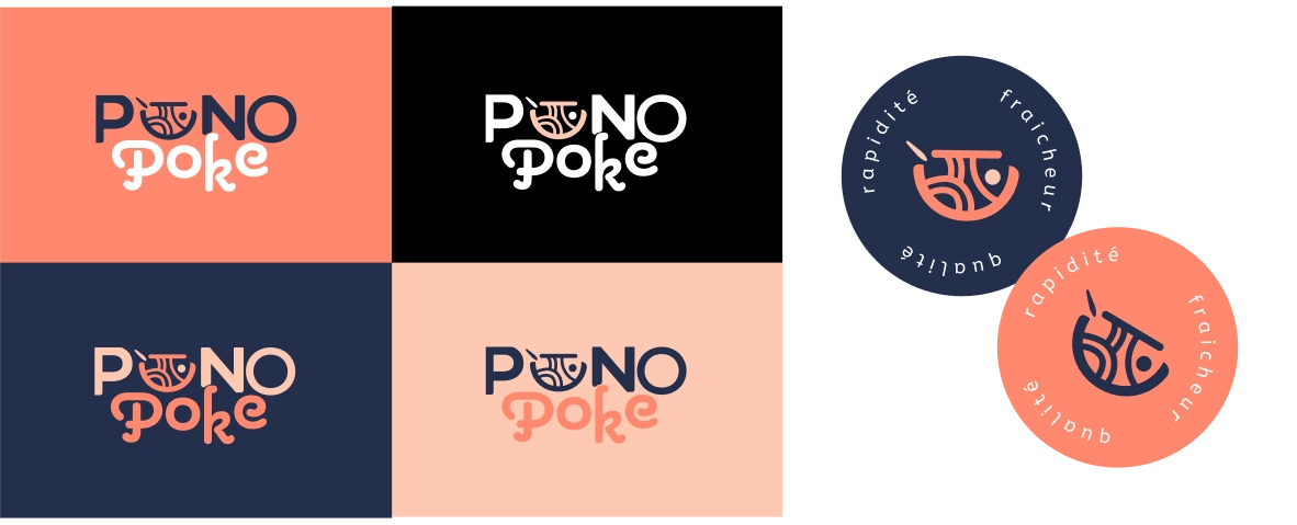 Logos Pono Poke avec bols stylisés et textes en couleurs corail, blanc et bleu marine, accompagnés de cercles avec mots rapidité, fraîcheur, qualité.