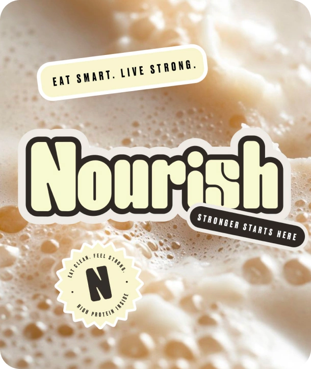 Fond de smoothie avec le logo Nourish par dessus accompagné de stickers sur l'image