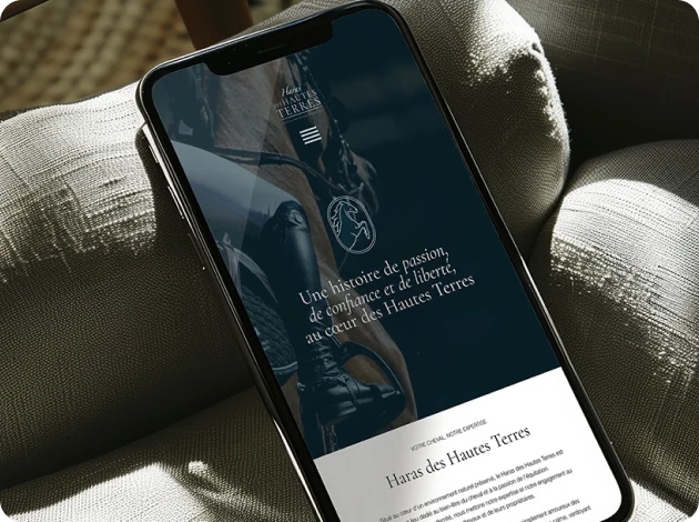 Smartphone montrant une page web sur le Haras des Hautes Terres avec une photo d'un cavalier à cheval et le texte 'Une histoire de passion, de confiance et de liberté, au cœur des Hautes Terres'.