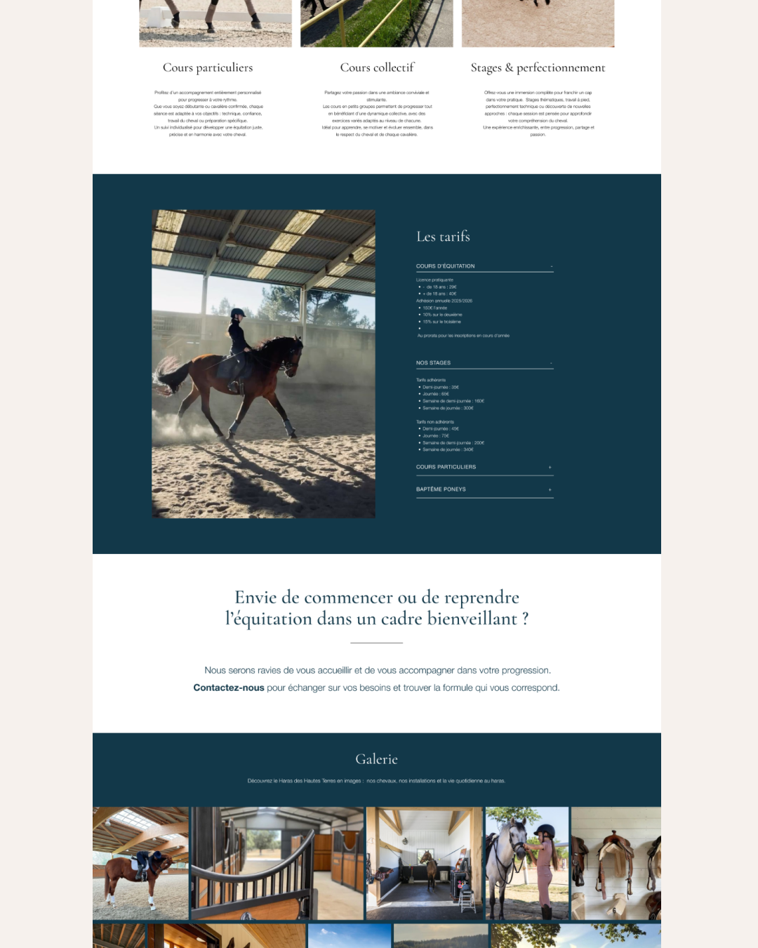 Page web présentant des cours d'équitation avec photos de cavaliers sur chevaux, sections sur cours particuliers, collectif, stages, et une photo d'un cavalier en intérieur avec tarifs détaillés.