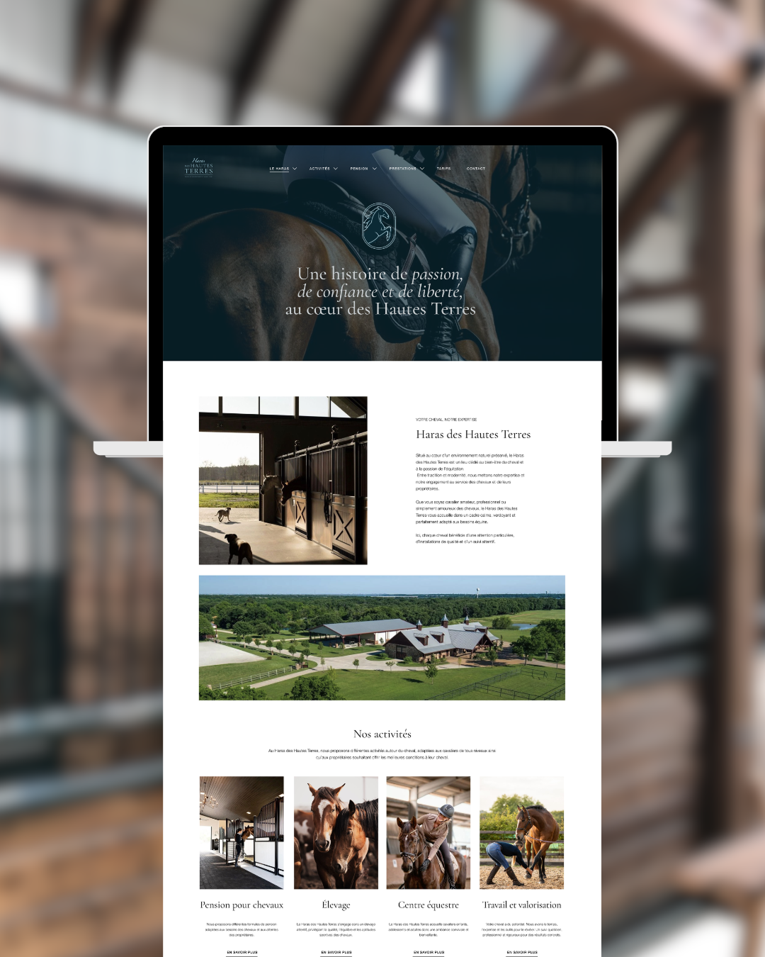 Capture d'écran d'une page web montrant un haras avec un header image d'un cavalier sur un cheval, texte d’introduction, photos des installations et d'activités équestres.